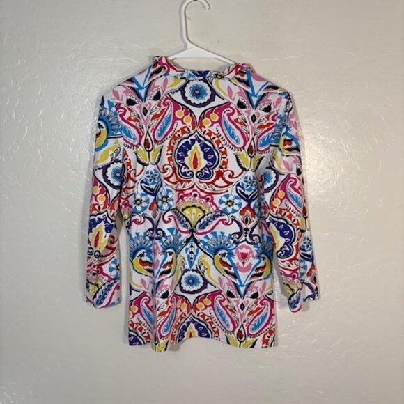 J.McLaughlin Shirt Womens Medium Multicolor Ruffle V Neck 3/4 Sleeve Stretch - Picture 5 of 7